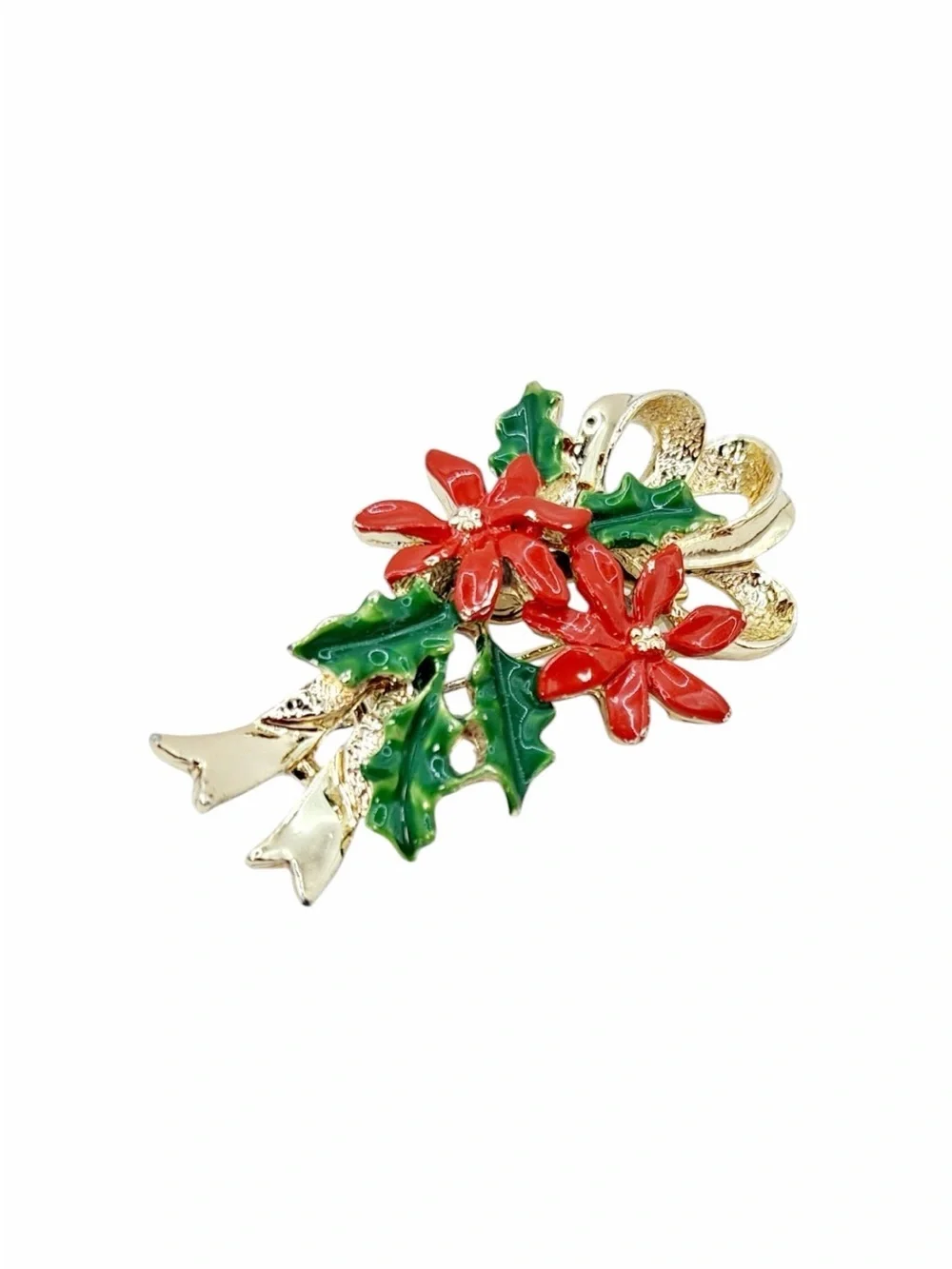 Vintage Gerry’s Christmas Poinsettia Holly Ribbon Gold Tone Enamel Brooch Pin